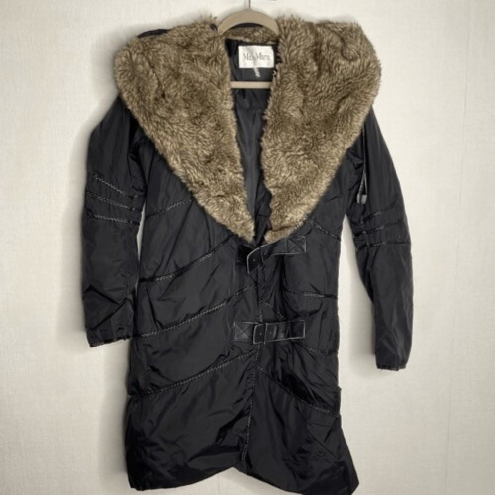 Max Mara Black Puffer Fur Hood Leather Braids Long Parka Jacket Women M